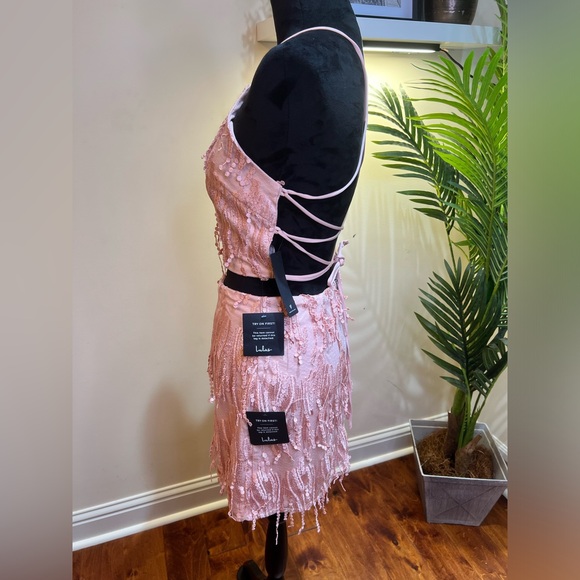 Lulu’s Making Magic Blush Pink Fringe Lace-Up Two-Piece Open Back Top & Skirt M - Picture 5 of 11